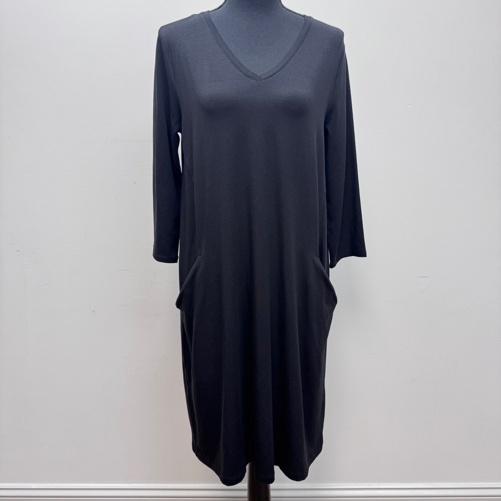Eileen Fisher V-Neck A Line Black Dress with Pockets Stretch Size XS‎